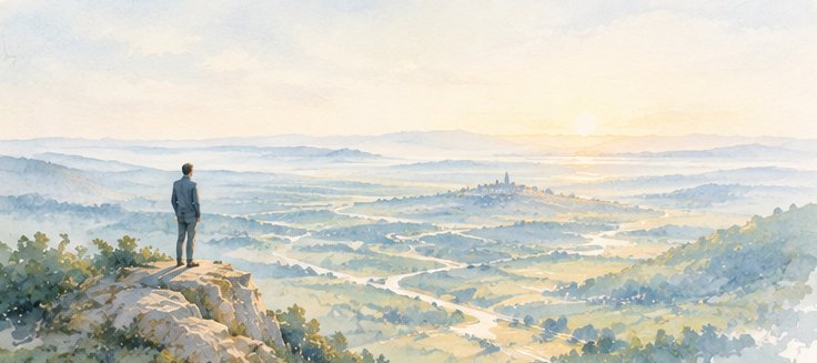 Aquarelle : une personne debout sur un promontoire contemple, au lever du soleil, une vallée où serpentent routes et rivières