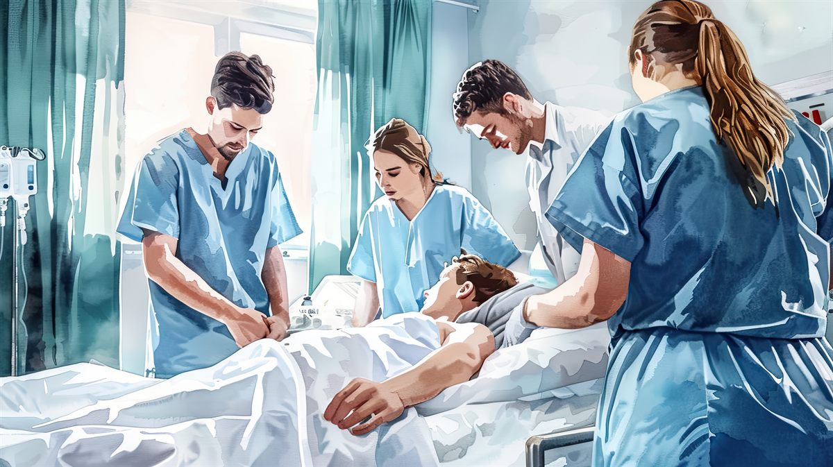 Illustration aquarelle d'une équipe soignante au chevet d'un patient